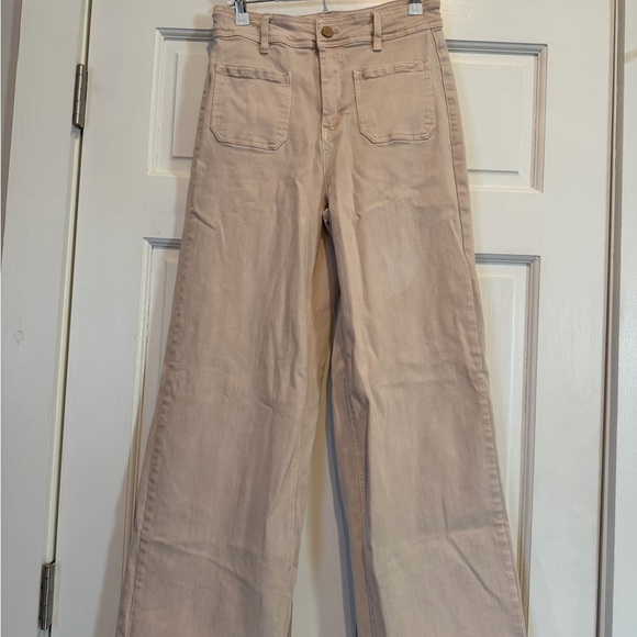 Oat Collective Pants - OAT Tan Beige High Waisted Wide-Leg Pants with Cute Front Pockets